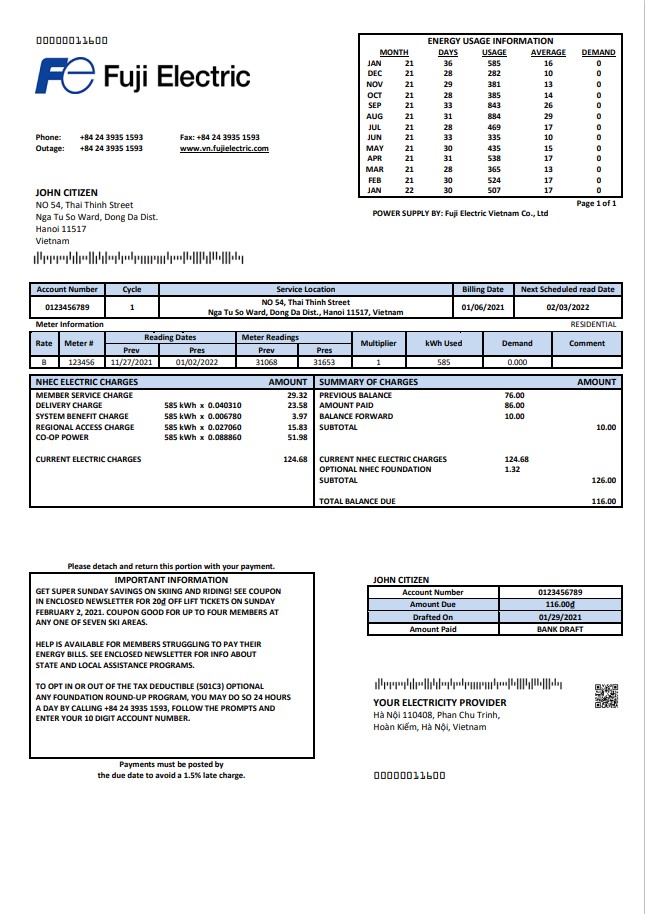 Vietnam Fuji Electric Vietnam Co. utility bill template in Word format